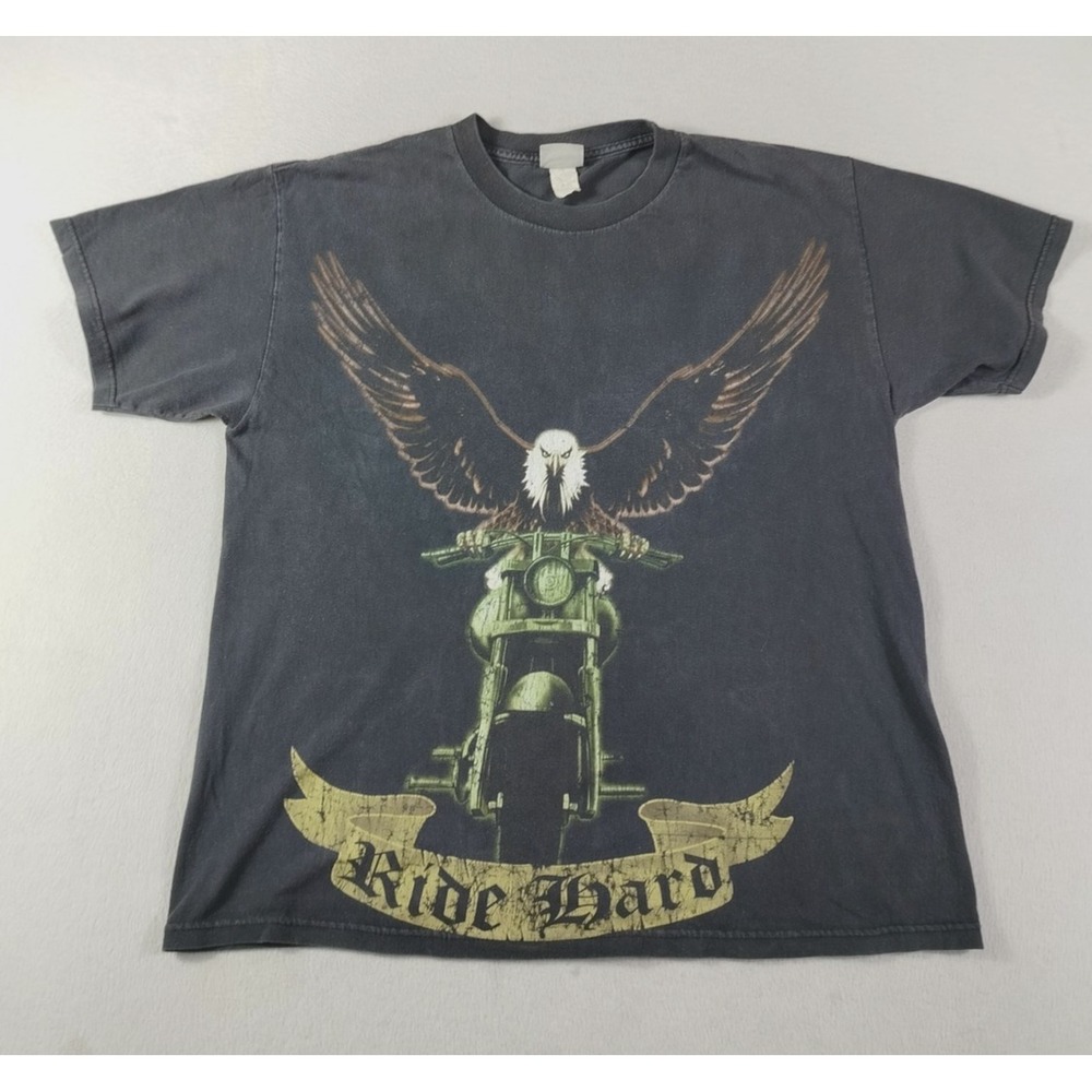 Vintage National Heritage Shirt Mens Large Black‎ Y2K Ride Hard Eagle Motorcycle